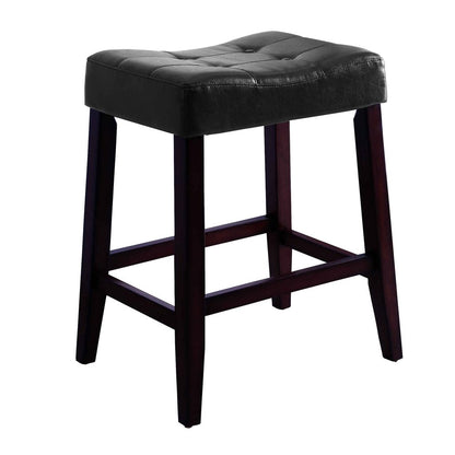 Wooden Stools with Saddle Seat and Button Tufts, Set of 2, Black and Brown - View 2