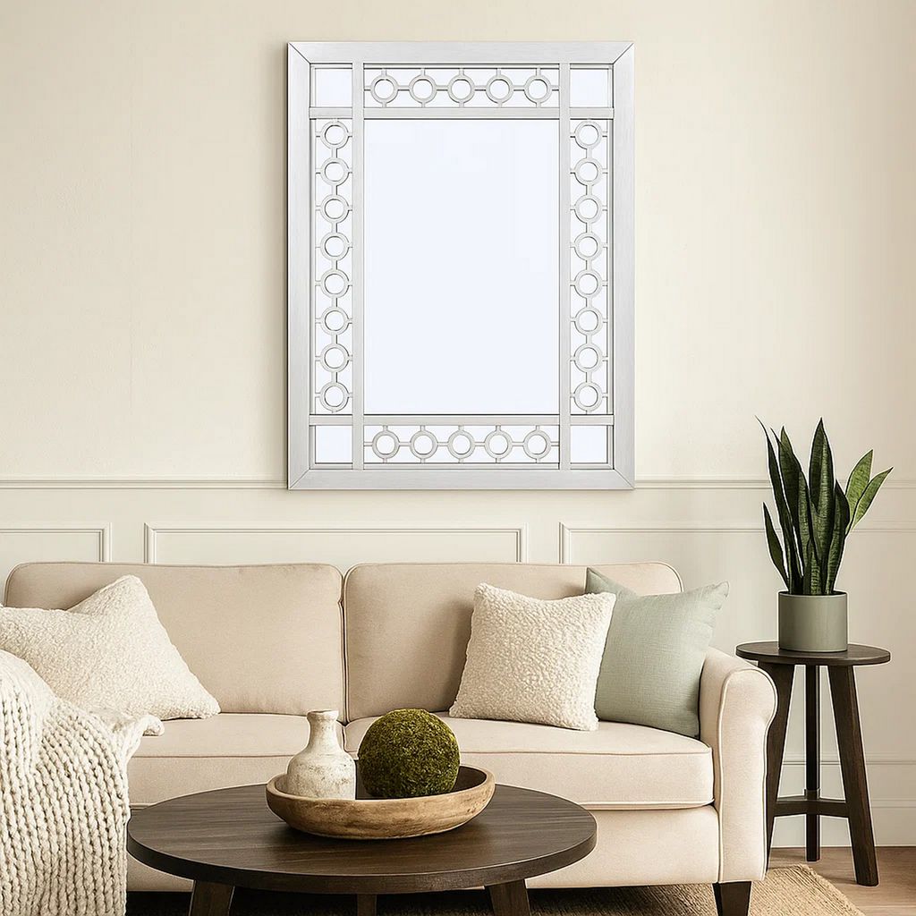 40 Inch Ornate Wood Mirror, Portrait, Round Cut Out Design, White - View 7