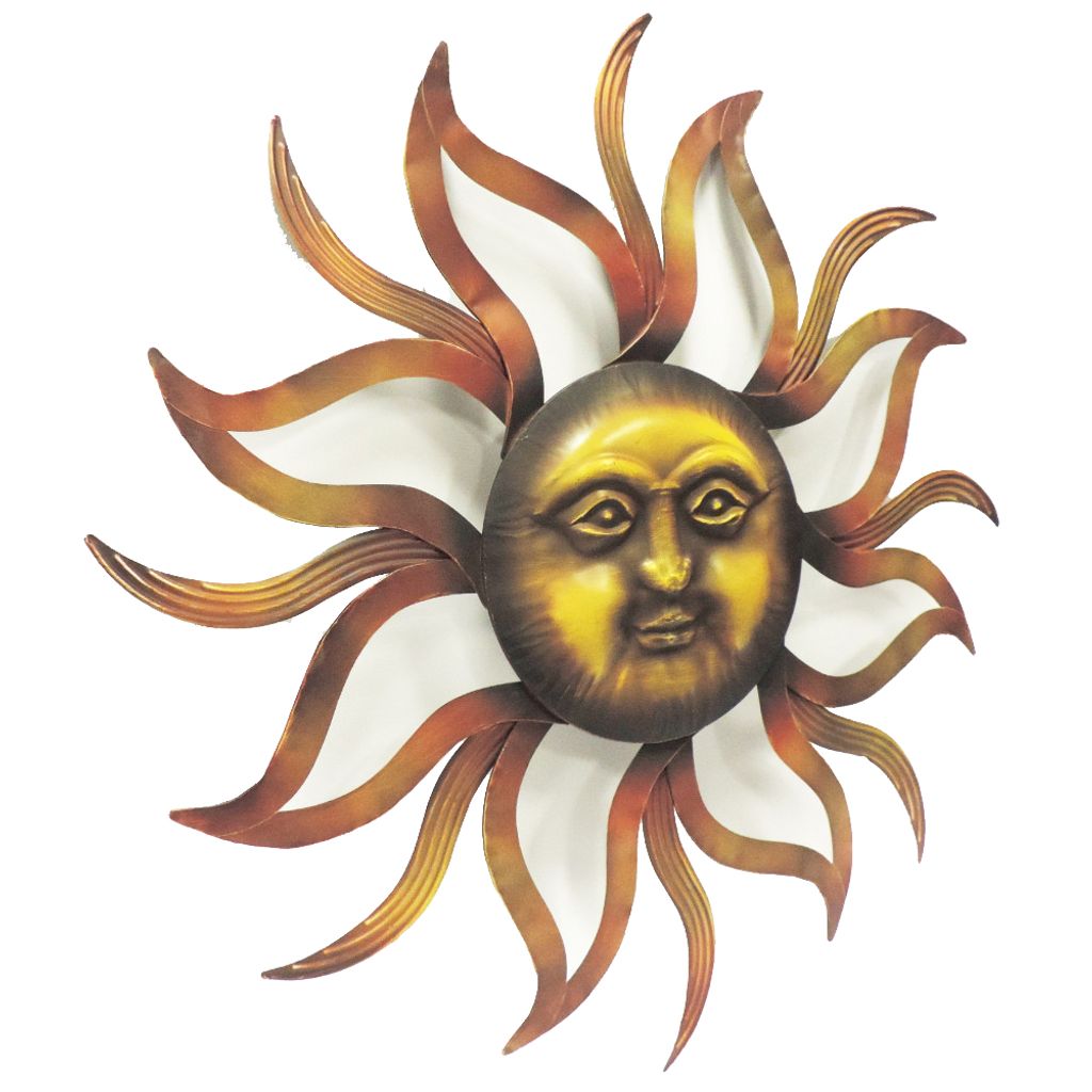 35 Inch Round Wall Mounted Sun Face Accent Decor, Carved Rustic Gold and Black Metal - View 4