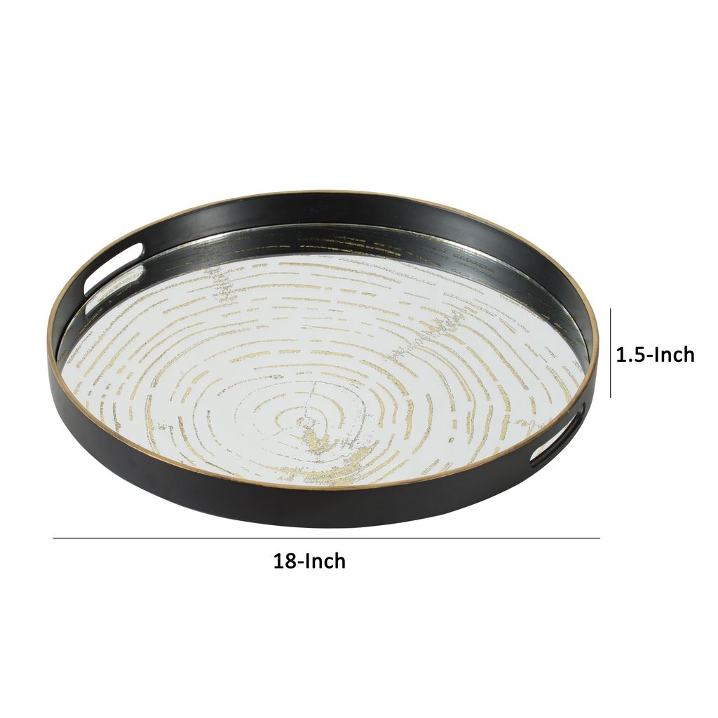 18 Inch Decorative Tray, Round Black Wood Frame, Mirrored Bottom - View 5