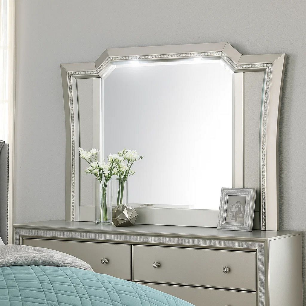 Elegant Mirror with Crystal Sparkling Trim and Led Lights, Silver - View 7