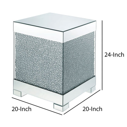 Contemporary Square Wooden End Table with Faux Crystal Inlays, Silver - View 6
