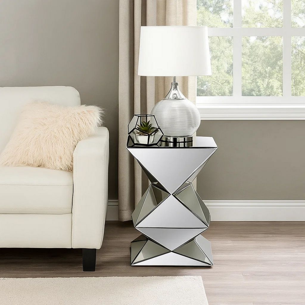 20 Inch Modern End Table, Square Mirror Top, Silver Geometric Pedestal Base - View 7