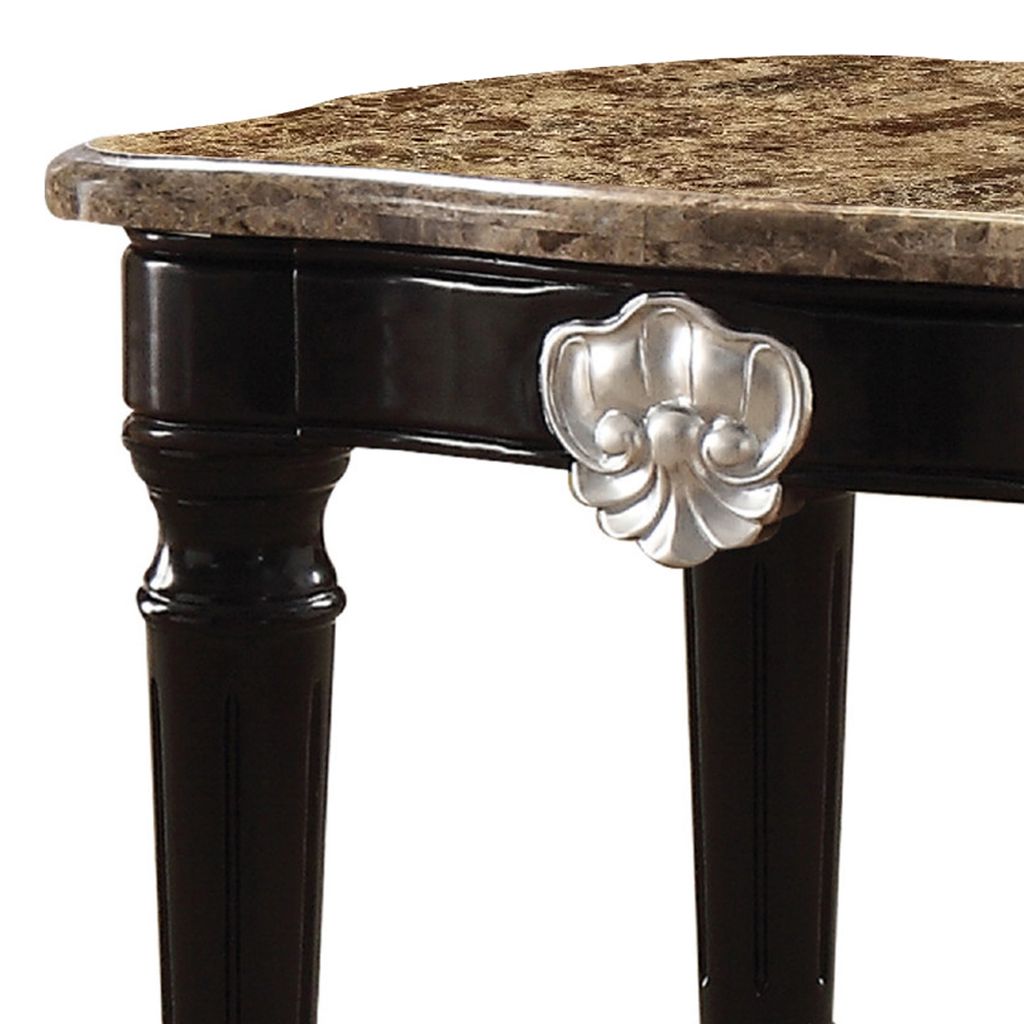 Marble Top End Table With Contrast Carved Motif Turned Wood Legs, Black - View 3