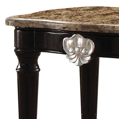Marble Top End Table With Contrast Carved Motif Turned Wood Legs, Black - View 3