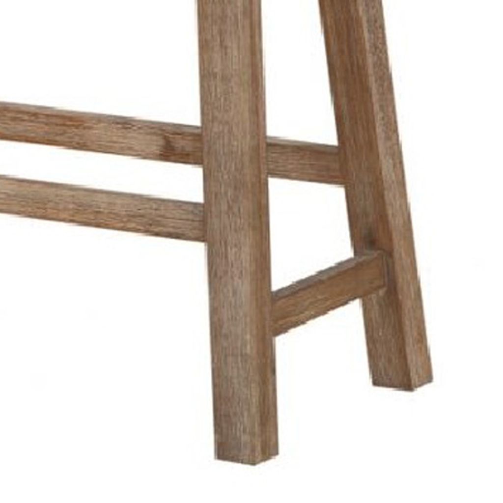 33 Inch Saddle Seat Bench with Angled Frame, Sandblasted Antique Brown Acacia Wood - View 4