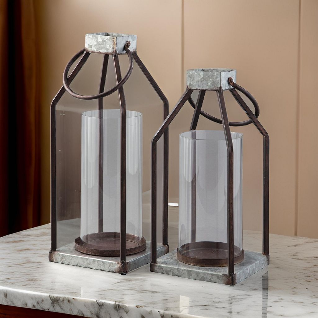Geometric Lantern with Glass Hurricane, Set of 2, Black and Gray - View 7