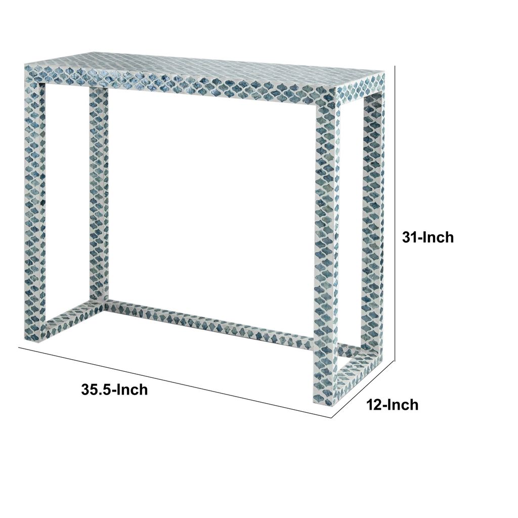 36 Inch Accent Console Table, Capiz Shell Inlay, Rectangular, Blue - View 5