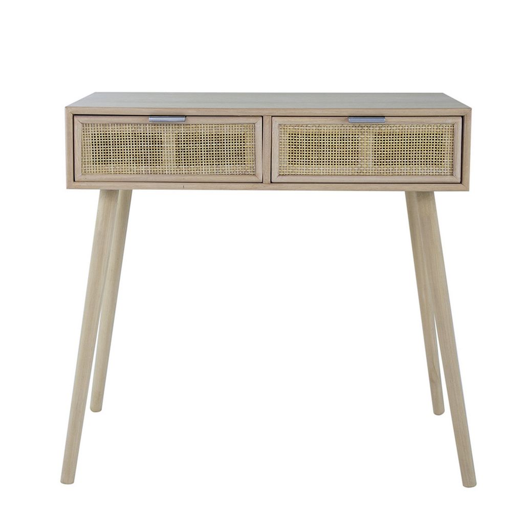 Pia 32 Inch Wood Console Table, 2 Drawers, Woven Rattan, Natural Brown - View 2