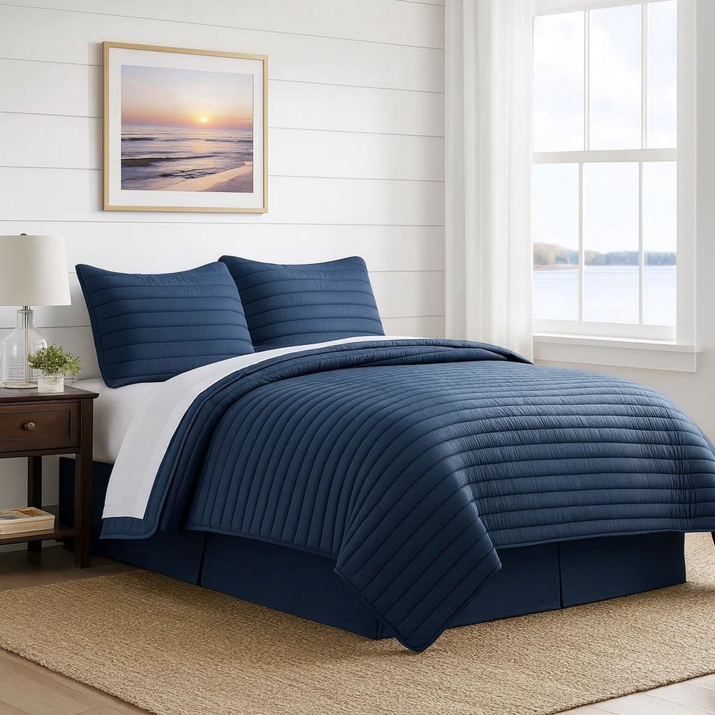 Cabe 3 Piece Queen Comforter Set, Polyester Puffer Channel Quilt, Navy Blue - View 7
