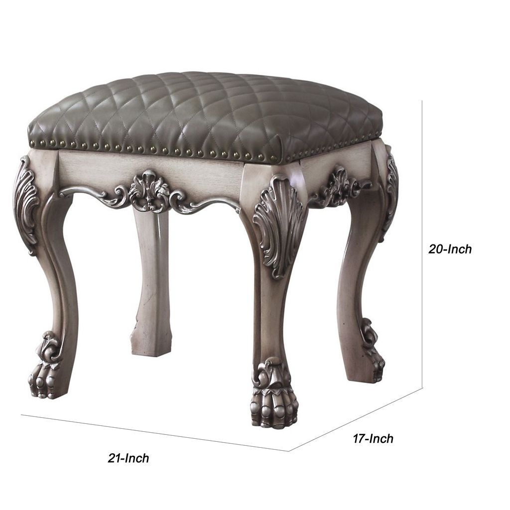 Traditional Wooden Vanity Stool with Leatherette Set and Clack Legs, Gray - View 6