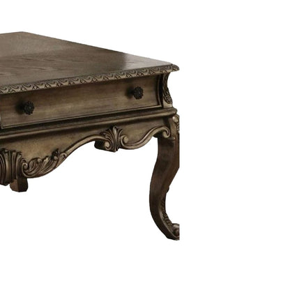 Wooden Rectangular Coffee Table with Cabriole Legs and Two Broad Drawers, Oak Brown - View 3