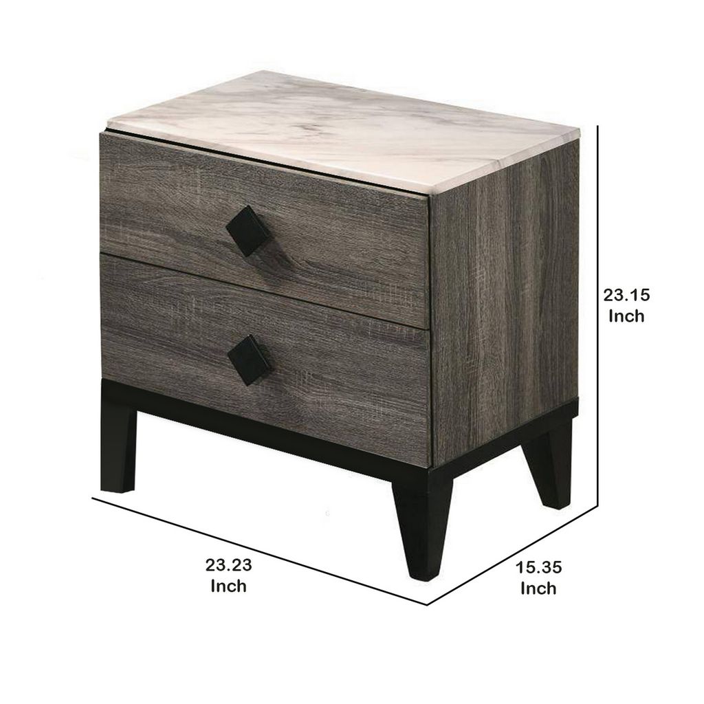 2 Drawer Wooden Nightstand with Grains and Angled Legs, Gray - View 6