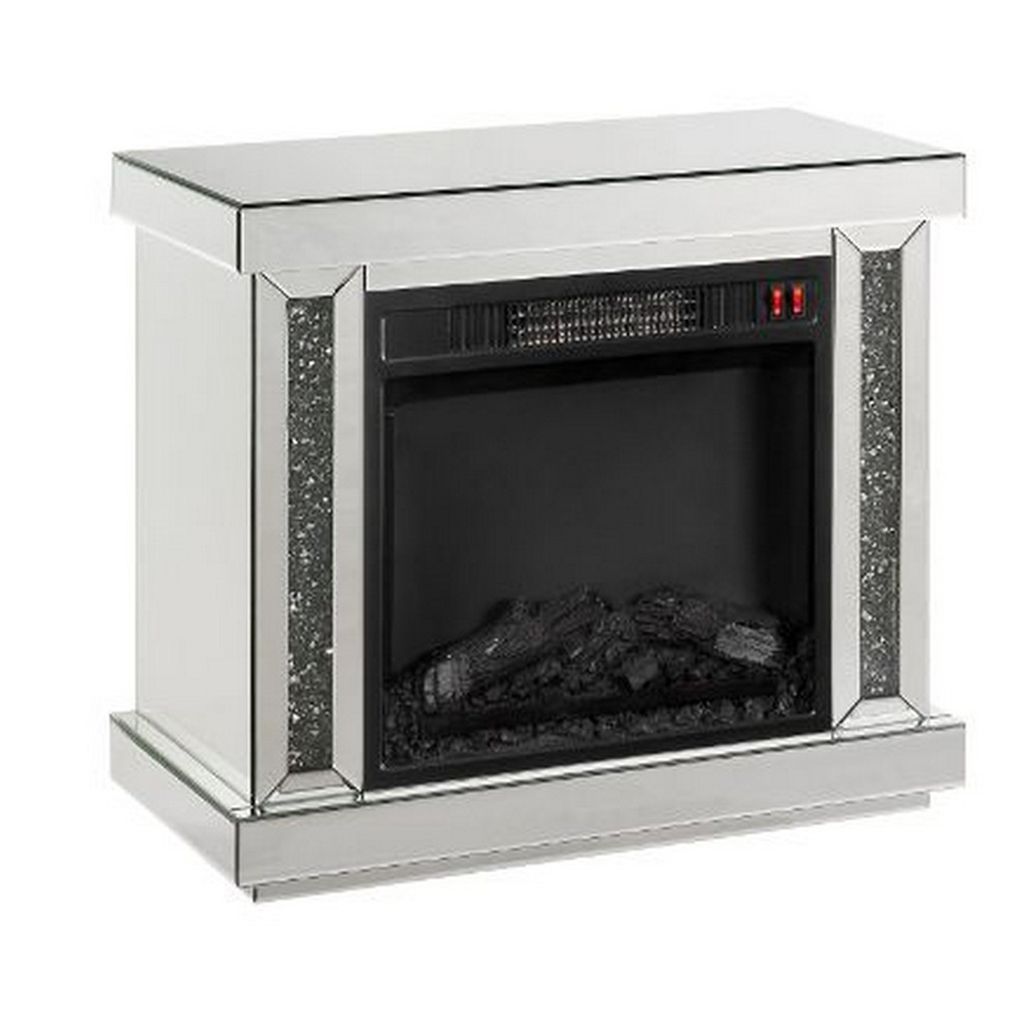 Electric Fireplace with Mirror Panel Framing and Faux Diamonds, Silver