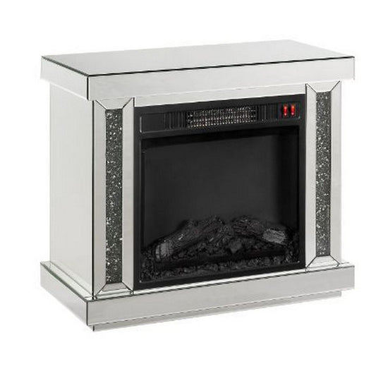 Electric Fireplace with Mirror Panel Framing and Faux Diamonds, Silver