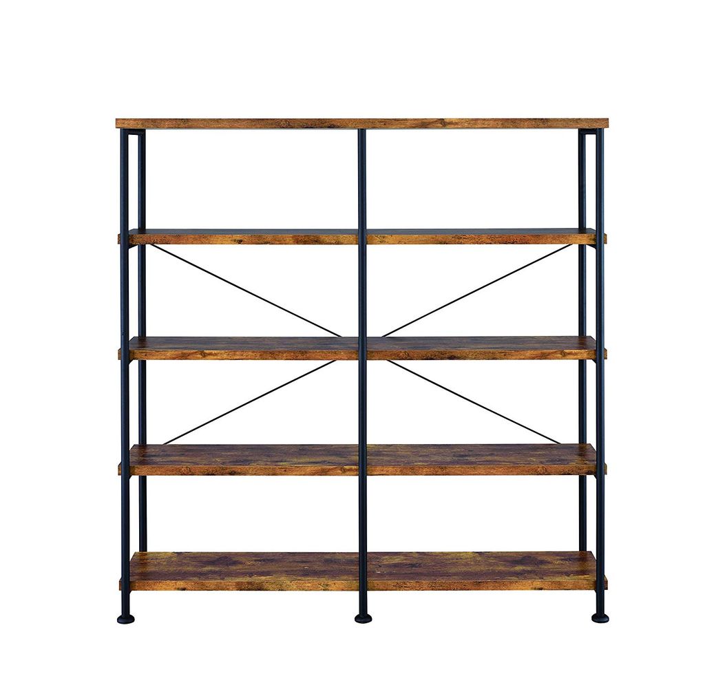 Olga 63 Inch Industrial 4 Tier Shelf Bookshelf, Particleboard, Metal Frame, Brown, Black - View 2