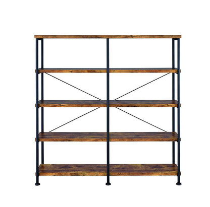 Olga 63 Inch Industrial 4 Tier Shelf Bookshelf, Particleboard, Metal Frame, Brown, Black - View 2
