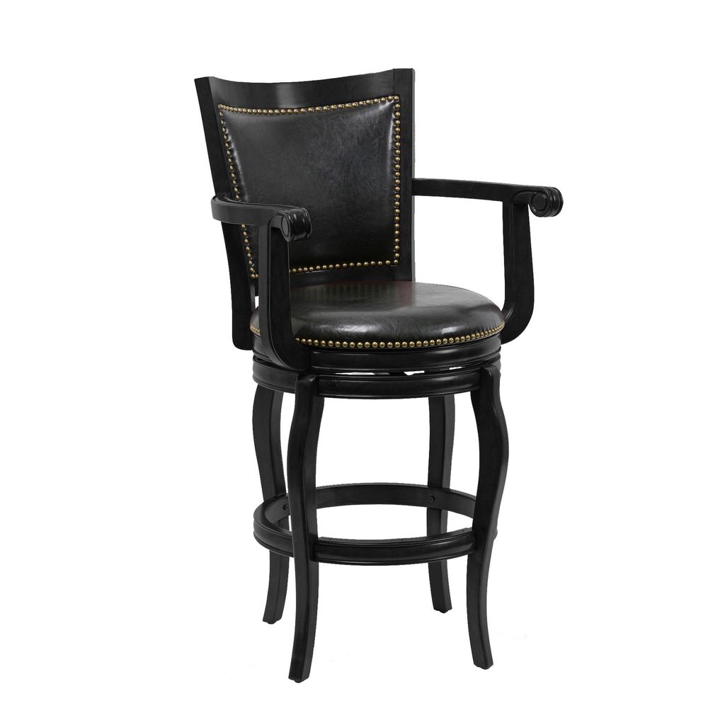 Hugo 29 Inch 360-Degree Swivel Barstool, Wood, Open Rolled Arms, Black