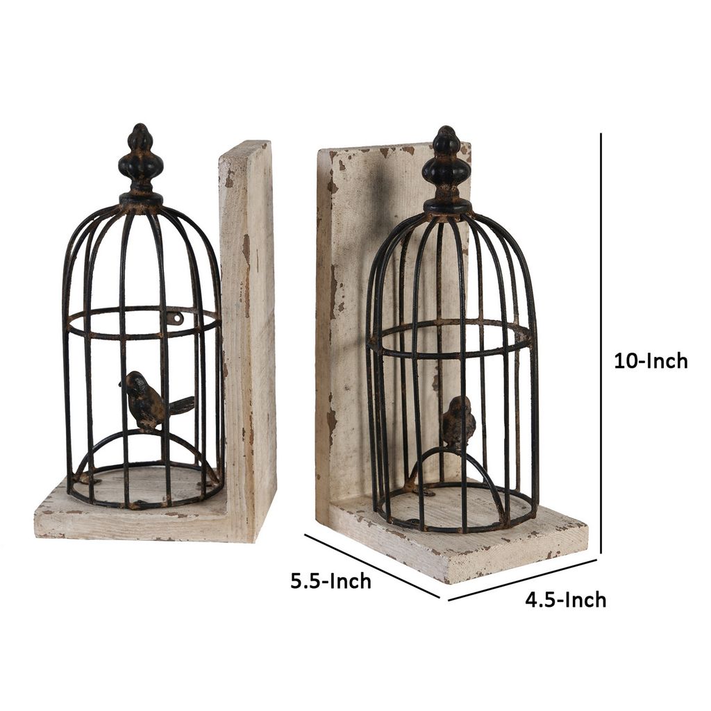Ari Set of 2 Classic Bookends, Birdcage, Iron and Fir Wood, Black, Brown - View 5