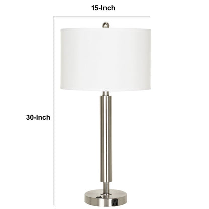Metal Table Lamp with Fabric Drum Shade, White and Silver - View 6