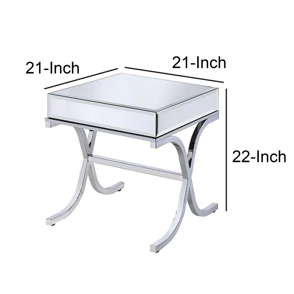 Contemporary Style Metal and Mirror Square End Table, Silver - View 6
