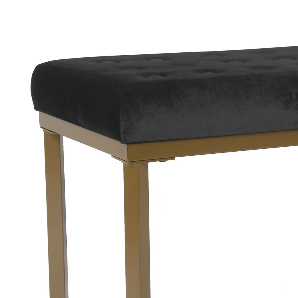 Metal Framed Ottoman with Button Tufted Velvet Upholstered Seat, Black and Gold - View 2