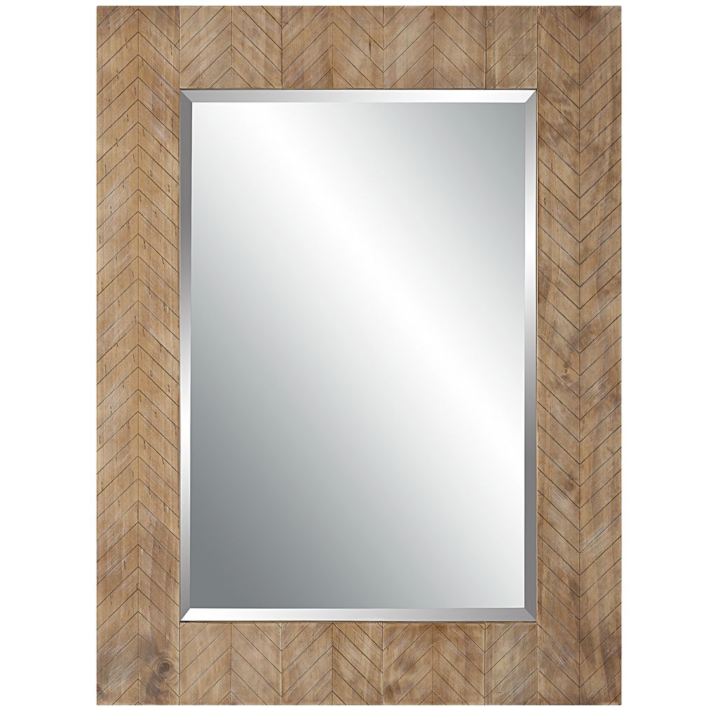 39 Inch Wood Frame Wall Mirror, Chevron Design, Brown - View 2
