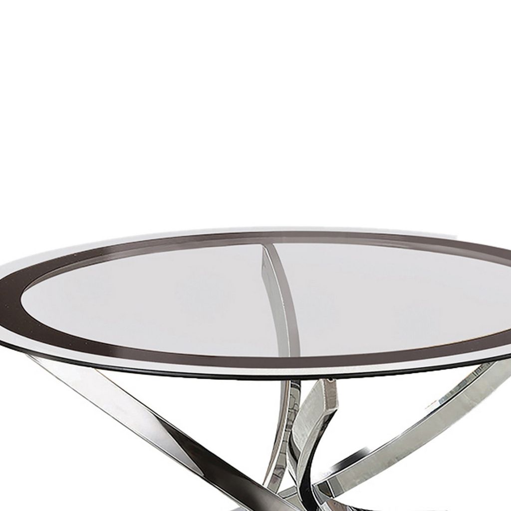 Round Tempered Glass Top Coffee Table with Metal Legs, Silver and Clear - View 2