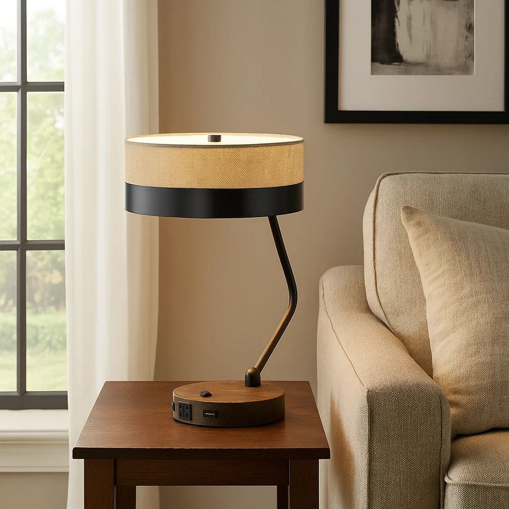 Metal Lined Fabric Shade Desk Lamp with Wooden Base, Beige and Black - View 7