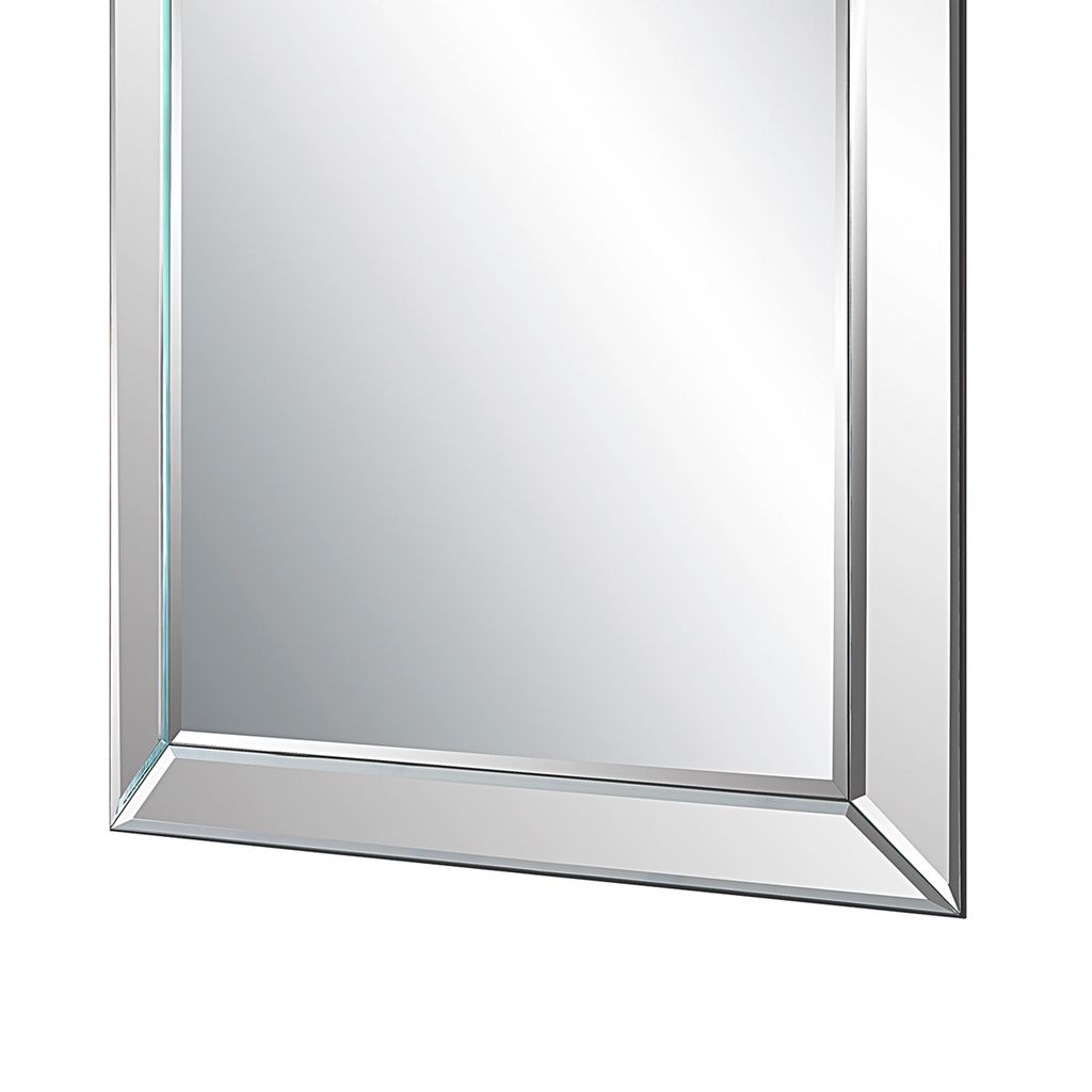 39 Inch Wood Mirror, Mirrored Frame, Beveled Panels, Silver - View 4