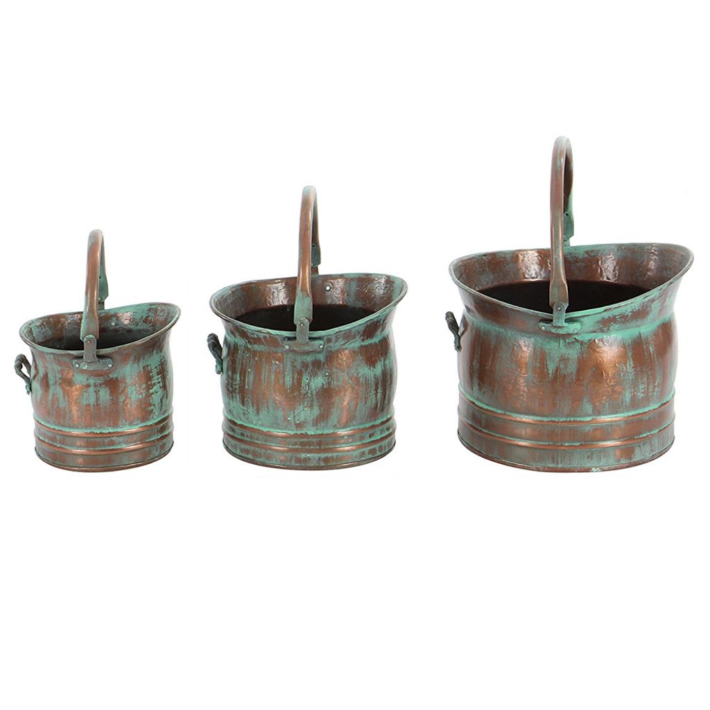 Tinged Metal Bucket Planter With Handles, Patina Rust Finish, Green, Set of 3 - View 2