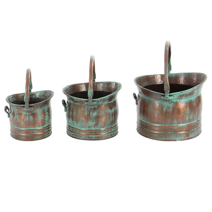 Tinged Metal Bucket Planter With Handles, Patina Rust Finish, Green, Set of 3 - View 2
