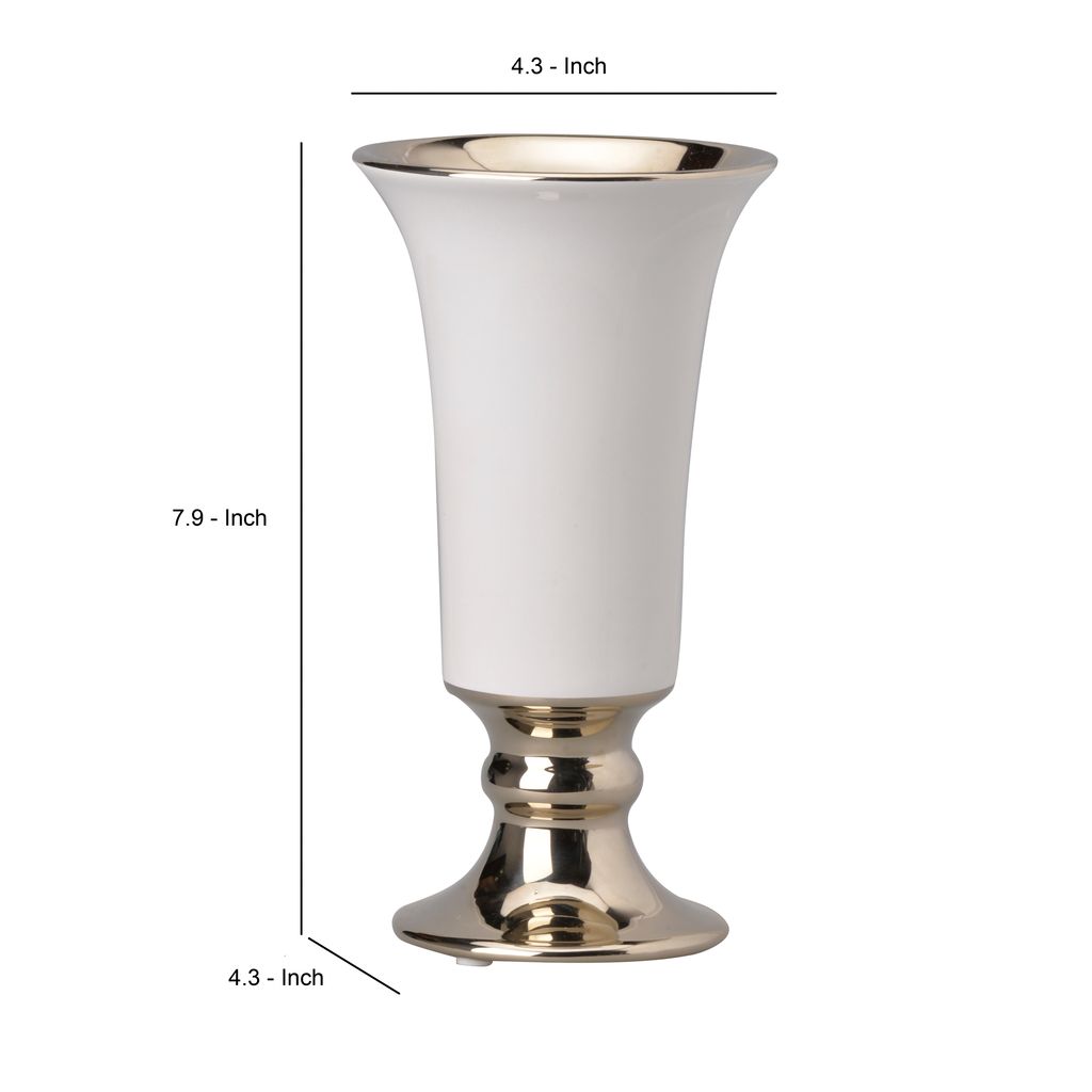 Ceramic Vase with Flared Top and Pedestal Base, Medium, White and Gold - View 4