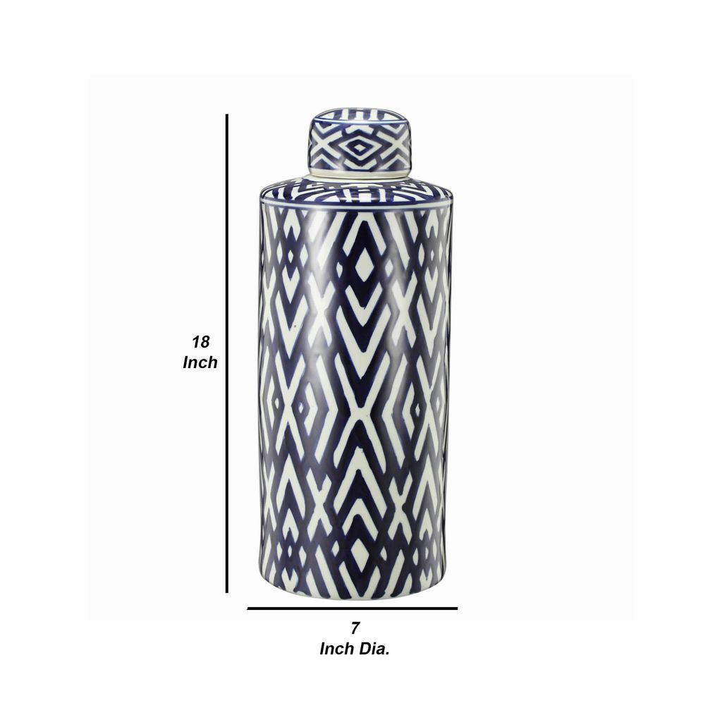 Ceramic Lidded Large Jar with Abstract Pattern, Blue And White - View 6