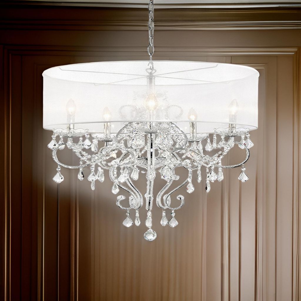 32 Inch Ceiling Lamp with Hanging Crystals, Round Canopy, Silver - View 7