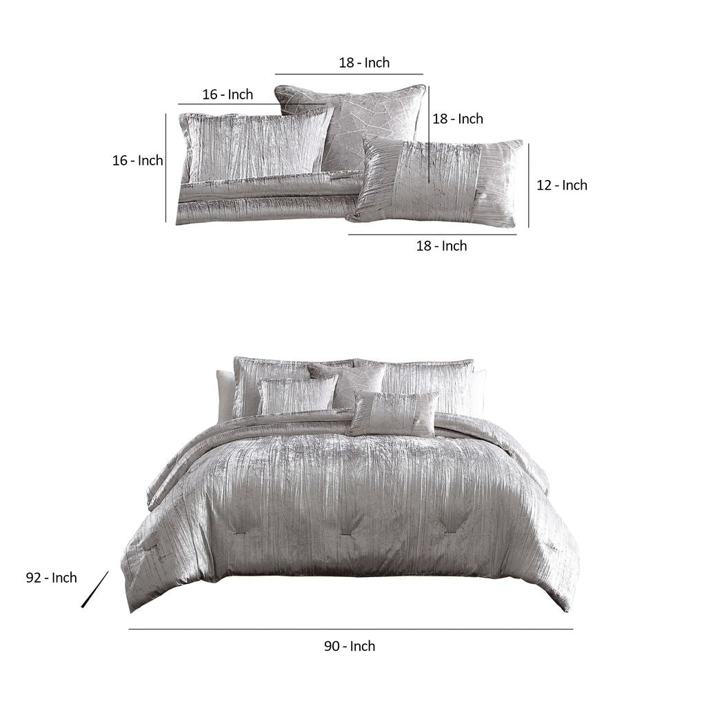 Queen Size 7 Piece Fabric Comforter Set with Crinkle Texture, Silver - View 6