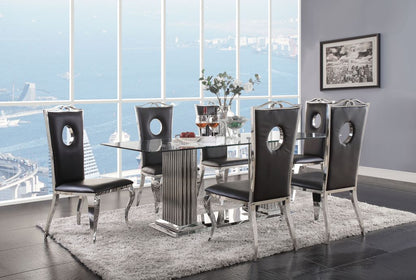 19 Inch Dining Side Chair, Faux Leather, Set of 2, Black, Silver - View 6