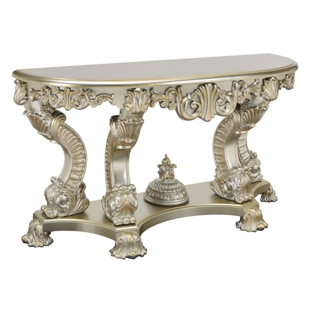 Esen 67 Inch Crescent Sofa Table Sideboard Console, Carvings, Antique Gold