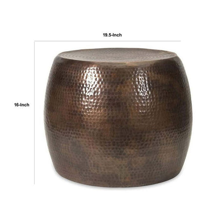 20 Inch Classic Iron Low Accent Table, Round Top, Drum Shape, Brown - View 6