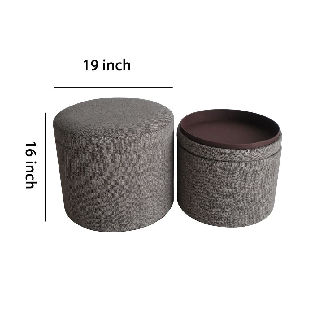 Round Storage Ottoman with Textured Fabric Upholstery, Gray - View 6