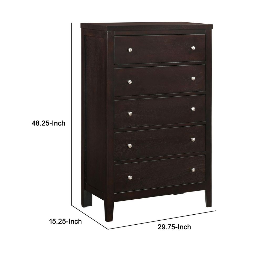 Con 48 Inch Tall 5 Drawer Dresser Chest, Silver Knobs, Cappuccino Brown - View 5