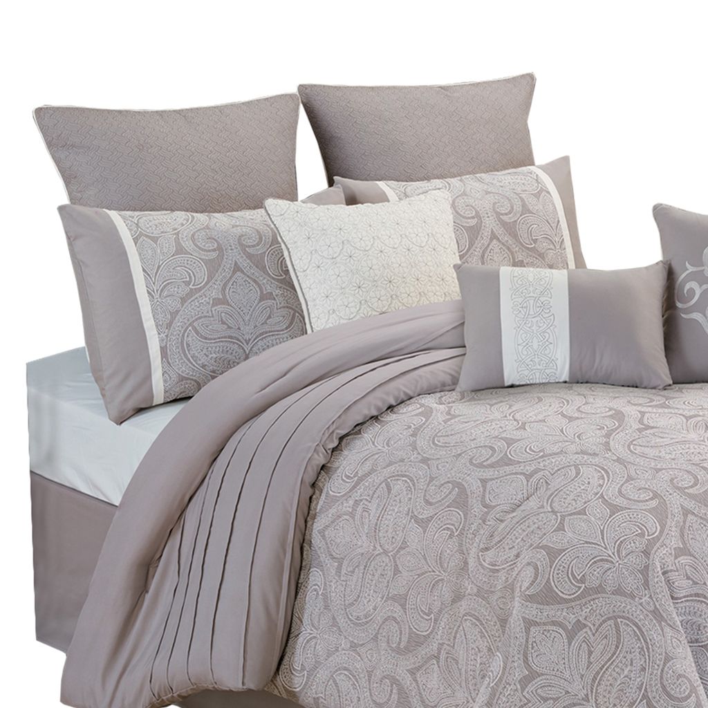King Size 10 Piece Fabric Comforter Set with Medallion Prints, White - View 2
