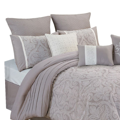 King Size 10 Piece Fabric Comforter Set with Medallion Prints, White - View 2