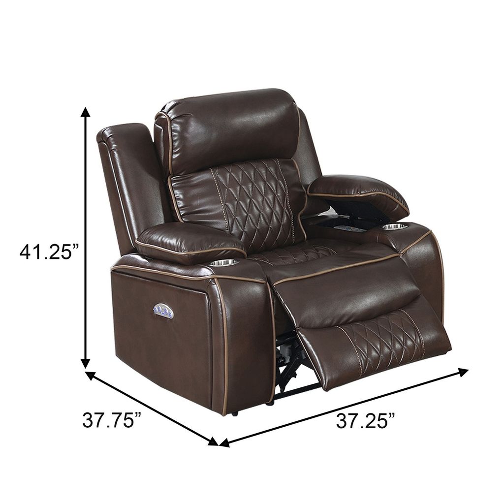 Xiu 38 Inch Power Recliner Chair, USB Port, Storage, Faux Leather, Brown - View 5