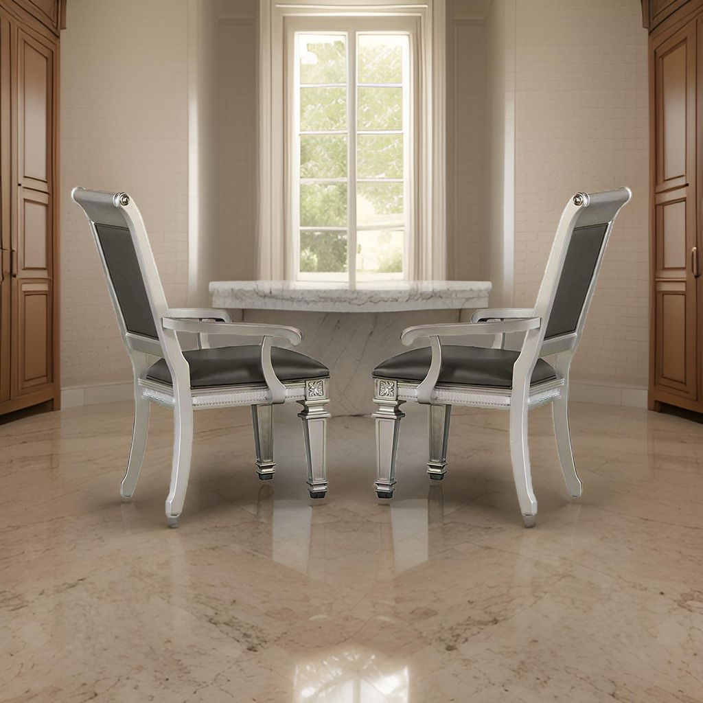 27 Inch Wood Dining Armchair, Faux Leather,Acrylic Crystals,Set of 2,Silver - View 7