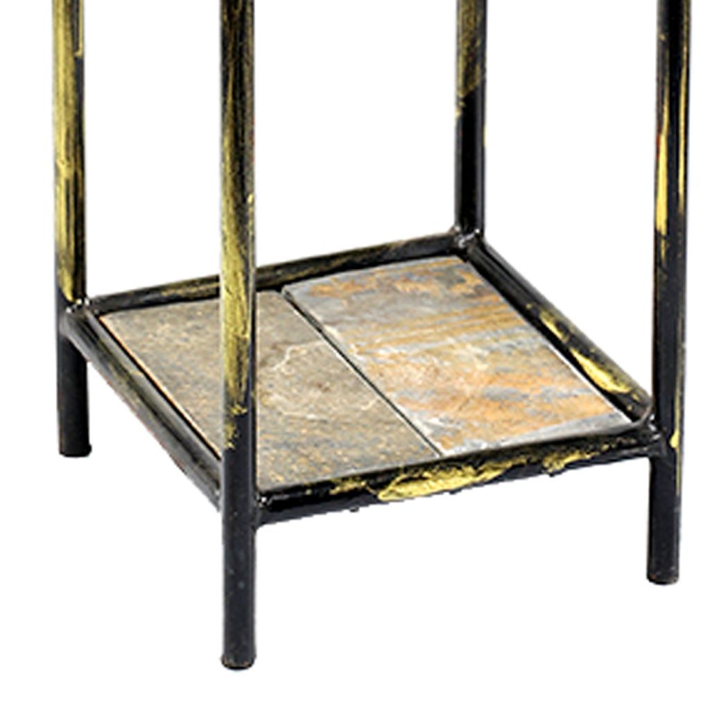 2 Tier Square Stone Top Plant Stand with Metal Frame, Small, Black and Gray - View 4