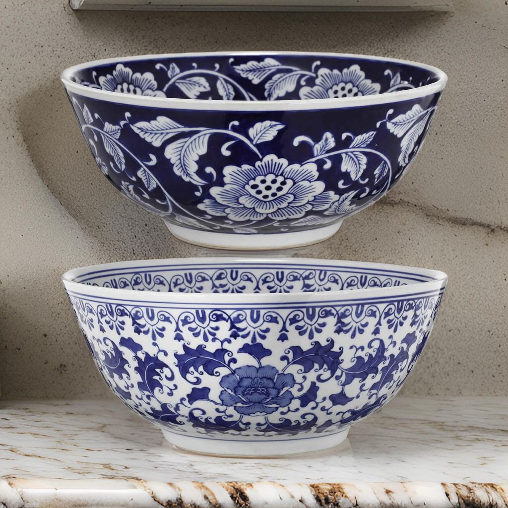 Round Ceramic Bowl with Floral Print, Set of 2, Blue And White, - View 7