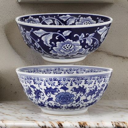 Round Ceramic Bowl with Floral Print, Set of 2, Blue And White, - View 7