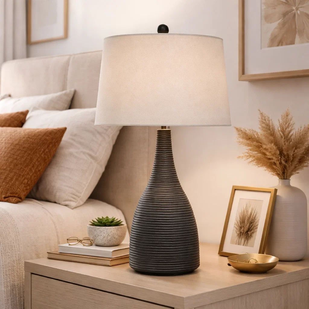 29 Inch Classic Table Lamp, Textured Lined Body, Ceramic, Charcoal Black - View 7