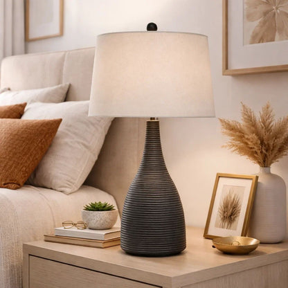 29 Inch Classic Table Lamp, Textured Lined Body, Ceramic, Charcoal Black - View 7